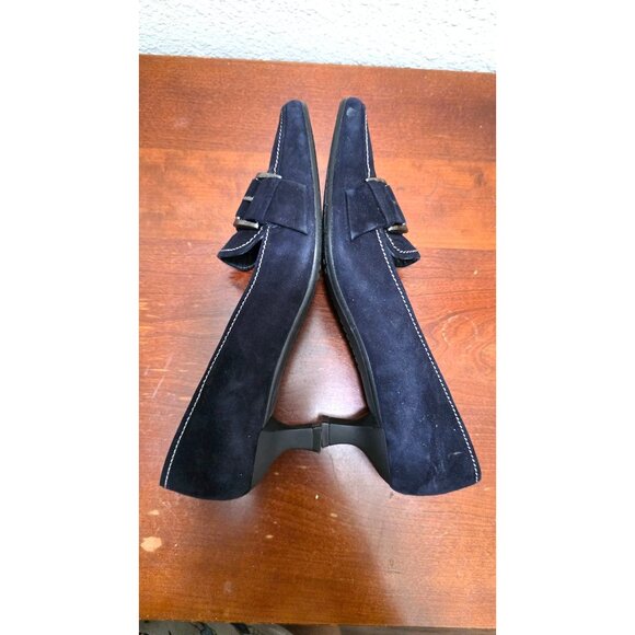 Stuart Weitzman Women's Navy Suede Loafers With Buckle Detail & Contrast Stitchi - Picture 5 of 9
